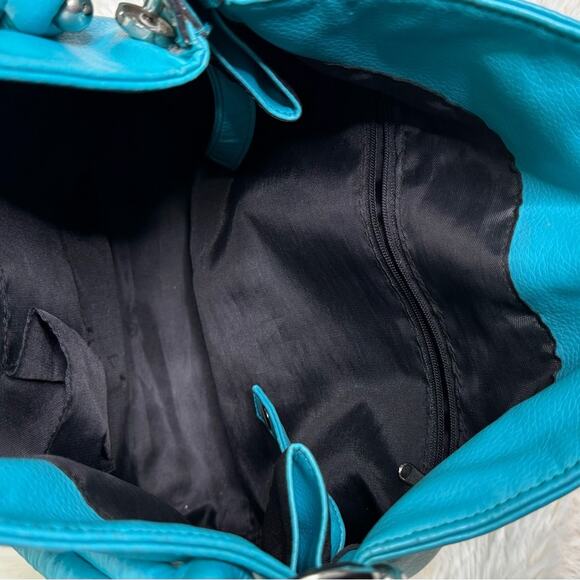 Turquoise Faux Leather Shoulder Bag with Silvertone Hardware - Picture 6 of 13